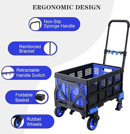 Oyoest 2 in 1 Folding Hand Truck with Folding Basket,Heavy Duty Hand Truck Dolly 330lbs Capacity with Telescoping Handle and Rubber Wheels,Portable Dolly Cart with Bungee Cords for Moving