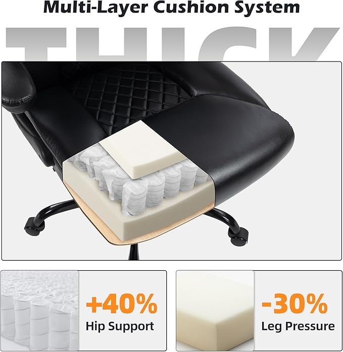 Office Chair - Ergonomic High Back Computer Desk Chair with Rocking Function & Lumbar Support - Executive Comfortable Wide Swivel Rolling Office Leather Chair with Flip-up Armrests for Home Gaming