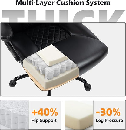 Office Chair - Ergonomic High Back Computer Desk Chair with Rocking Function & Lumbar Support - Executive Comfortable Wide Swivel Rolling Office Leather Chair with Flip-up Armrests for Home Gaming