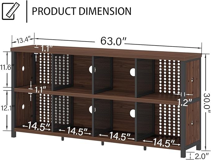 LVB Wood Horizontal Bookshelf, Industrial Long Bookcase Cube Shelf Organizer, Large Wide Low Wooden Metal Cube Book Shelf, Under Window Bookshelves for Office Bedroom Living Room, Walnut, 63 Inch