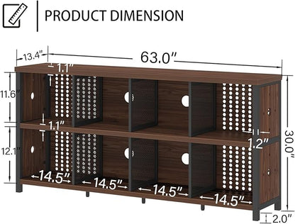 LVB Wood Horizontal Bookshelf, Industrial Long Bookcase Cube Shelf Organizer, Large Wide Low Wooden Metal Cube Book Shelf, Under Window Bookshelves for Office Bedroom Living Room, Walnut, 63 Inch