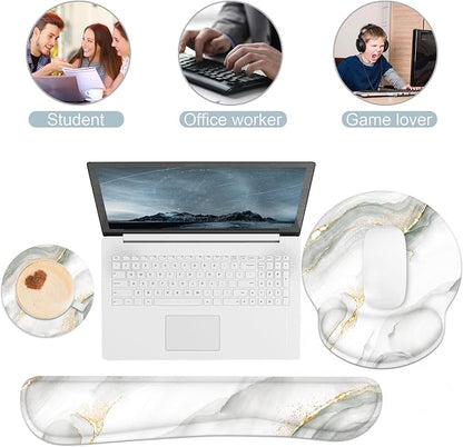 Ergonomic Mouse Pad with Wrist Rest and Keyboard Wrist Rest, Mousepad and Wrist Rest for Computer Keyboard, Pain Relief, Non-Slip Rubber Base, Mouse Pad with Wrist Support for Gaming, White Marble