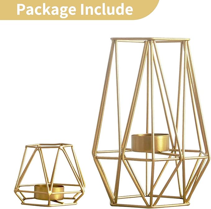 2 Pcs Metal Hexagon Shaped Geometric Design Tea Light Votive Candle Holders, Iron Hollow Tealight Candle Holders for Vintage Wedding Home Decoration, Gold (S + L)