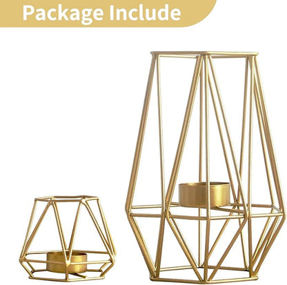 2 Pcs Metal Hexagon Shaped Geometric Design Tea Light Votive Candle Holders, Iron Hollow Tealight Candle Holders for Vintage Wedding Home Decoration, Gold (S + L)