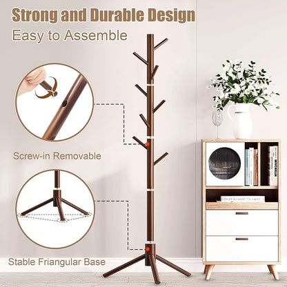 Wooden Coat Rack Stand, Freestanding Coat Rack with 8 Hooks, 3 Adjustable Size Coat Tree for Hats, Coats, Scarves bags, Coat Hanger Stand Used in Bedroom/Office/Entryway,2 PCS (Brown)