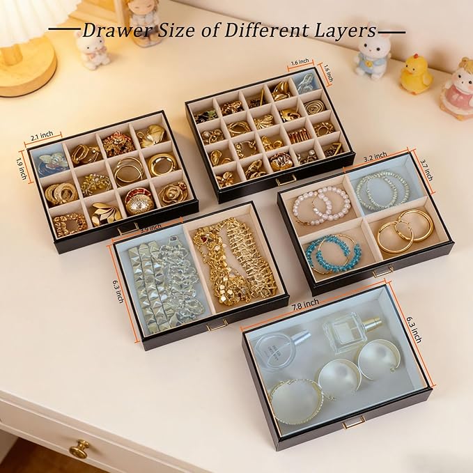 BOOVO Jewelry Box For women, 6 Layer Large Jewelry Organizer With Mirror, Multi-Function Storage Box, Necklace Holder With 5 Drawers, For Earrings Necklace Bracelet (Gold and Black)