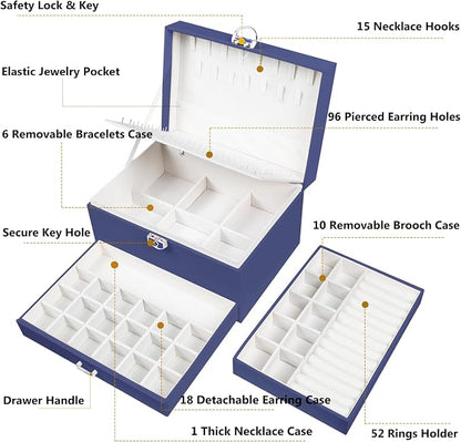 QBestry Earring Jewelry Box for Women Girls Stud Organizers, 5 Layers Navy Jewelry Organizer Box with Lock Necklaces and Earrings Holder Jewelry Box with Earring Organizer for Women Girls Xmas Gifts
