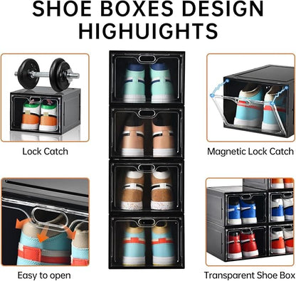 INSTY 12 Pack Large Shoe Storage Box, Clear Shoe Storage Organizer with Magnetic Door, Stackable,Shoe Containers For Display Sneakers, Easy Assembly, Fit up to US Size 12, Black