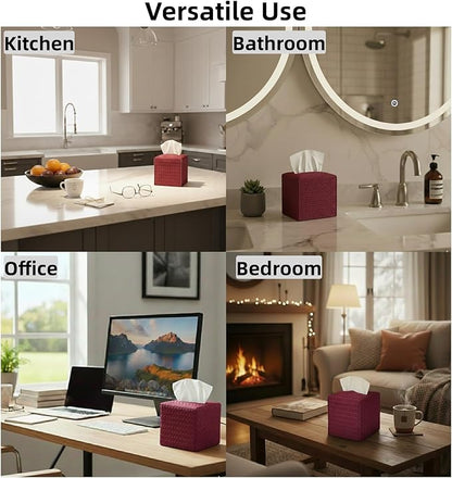 Tissue Box Cover 2-Pack, Square Tissue Holder with Bottom Belt, Modern Tissue Case Facial Paper Organizer Dispenser for Bathroom, Office, Home, Table, Car, Woven Pattern Red