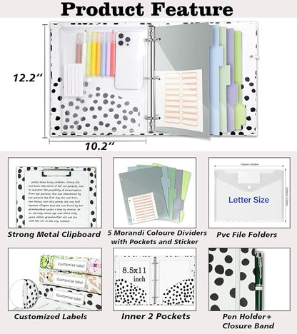 3 Ring Binder Organizer, 1 Inch Three Ring Binders with Clipboard, 5-Tabs Pockets Dividers, Transparent Plastic Folder, Pen Loop, 18 Divider Stikers, BVSSX Decorative Binder, Polka Dot, Letter Size