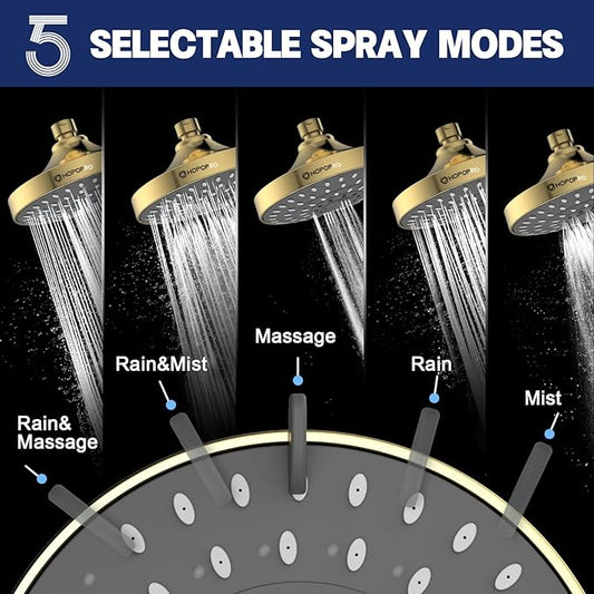 HOPOPRO 5-Mode High Pressure Shower Head - The Washington Post, NBC News, Today TV Show Recommended - High Flow Fixed Showerheads (6 Inch Gold)