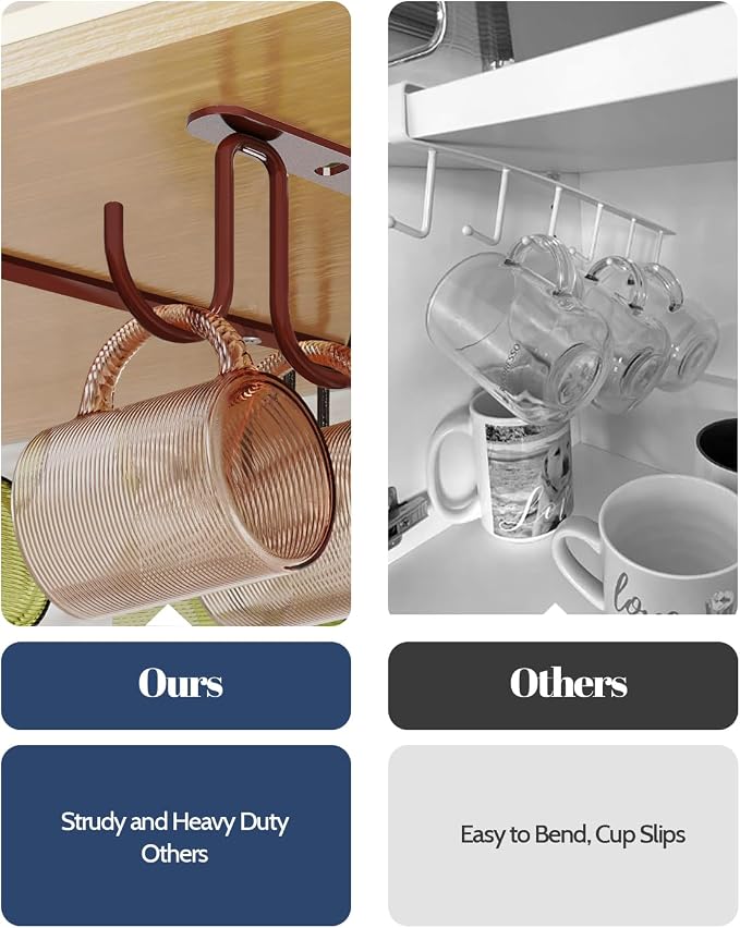 Luckinow Mug Hooks Under Cabinet 3 Pack, Coffee Cup Hooks for Hanging Under Shelf, Mug Organizer Rack with 12 Hooks for Displaying Mugs, Coffee Cups and Kitchen Utensils, Brown