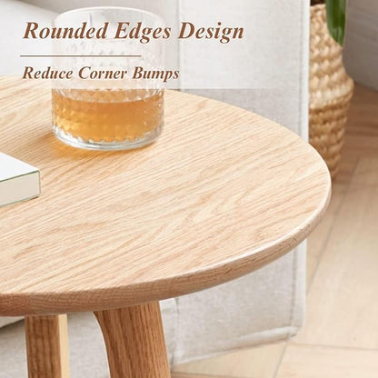 100% Solid Oak Small Side Table - Easy Assembly Round End Table with 3 Legs Pillars for Living Room, Bedroom, or Balcony - Mid Century Modern Nightstand for Small Spaces (Natural, 2)