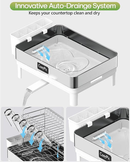 2 Tier Dish Drying Rack, Thicker Premium 304 Stainless Steel Dish Racks for Kitchen Counter, Automatic Drainage Spout, Dish Drainer & Drainboard Set with Utensil Holder and Cup Holder, White