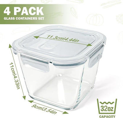 Soup Containers with Lids Glass 32 oz, 4 Cup Borosilicate Glass Food Storage Containers, Microwave & Freezer Safe Jars, Small Square Meal Prep Bowl for Salad, Fruit, Lunch, Ice Cream, Travel, 4 Pack