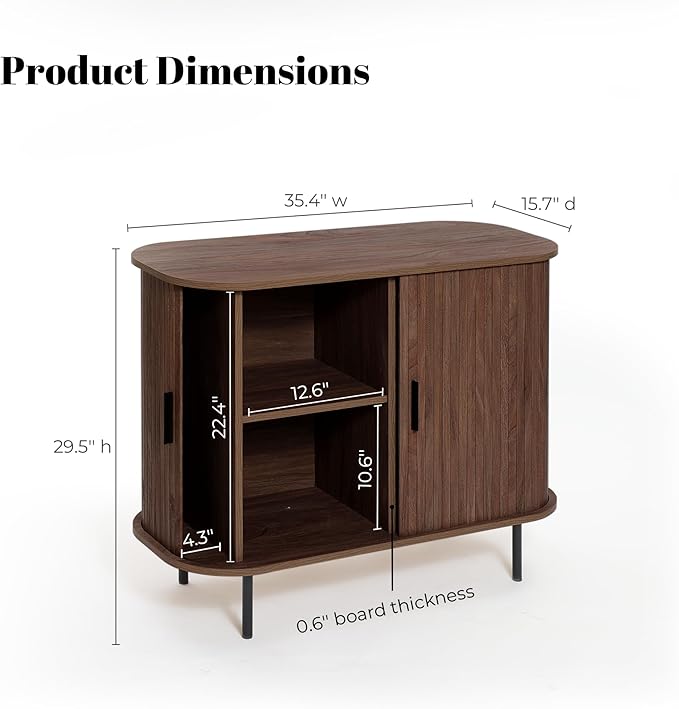 LuxenHome Sideboard Buffet Cabinet with Storage, 35" Walnut Mid Century Modern Accent Cabinet, Sliding Door Entryway Small Storage Cabinets for Kitchen, Living Room, Entryway