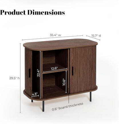 LuxenHome Sideboard Buffet Cabinet with Storage, 35" Walnut Mid Century Modern Accent Cabinet, Sliding Door Entryway Small Storage Cabinets for Kitchen, Living Room, Entryway