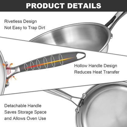 EWFEN Tri-Ply Stainless Steel Frying Pans Set, 8”/10”/12” Cooking pans, PFOA&PTFE Free Skillet, Induction Cooking Pan, Dishwasher and Oven Safe, Fast & Even Heat, Heavy Duty and Detachable Handle