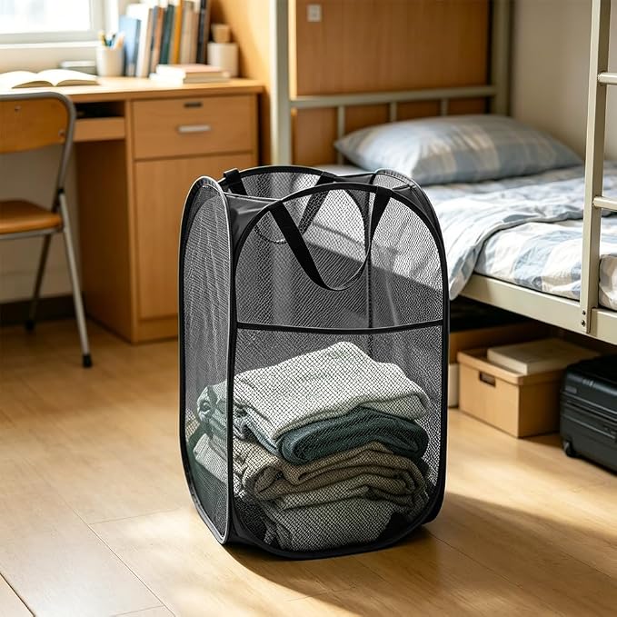 Larpur Popup Mesh Laundry Basket, Collapsible and Portable Clothes Washing Laundry Hamper with Reinforced Carry Handle (Black 2pcs)