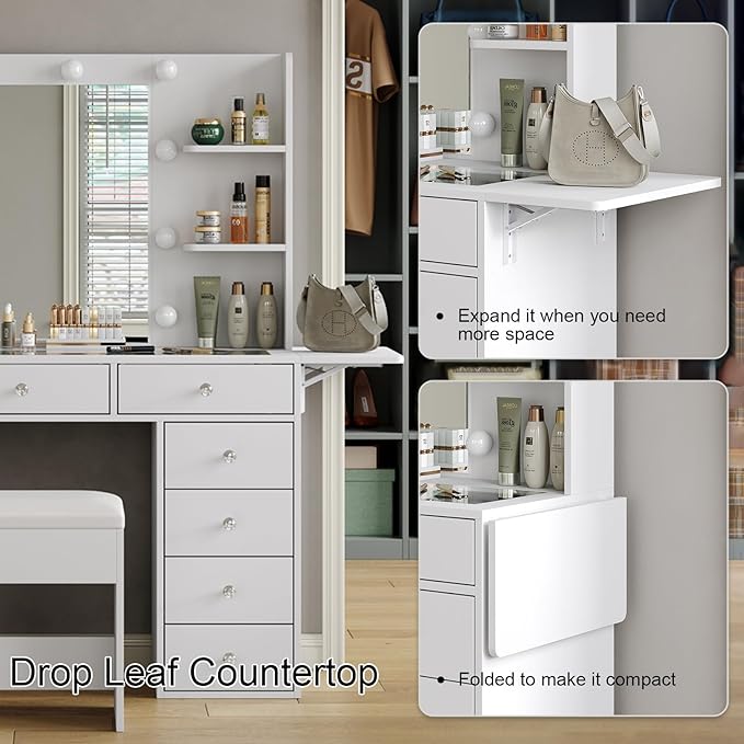 Vanity Desk with Power Outlet, 47'' W Makeup Vanity with Mirror and 12 LED Lights, 11 Drawers & 4 Shelves, 3 Color Lighting Modes, Fold-up Panel, Glass Top Vanity Set for Bedroom