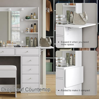 Vanity Desk with Power Outlet, 47'' W Makeup Vanity with Mirror and 12 LED Lights, 11 Drawers & 4 Shelves, 3 Color Lighting Modes, Fold-up Panel, Glass Top Vanity Set for Bedroom