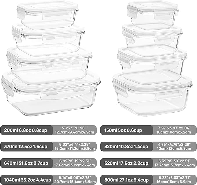 Vtopmart 8 Pack Glass Food Storage Containers with Lids (White)
