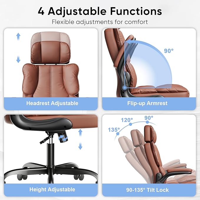 Executive Leather Office Chair, Computer Chair with Thick Cushion & Lumbar Support, Ergonomic Desk Chair with Adjustable Headrest & Armrests,Brown