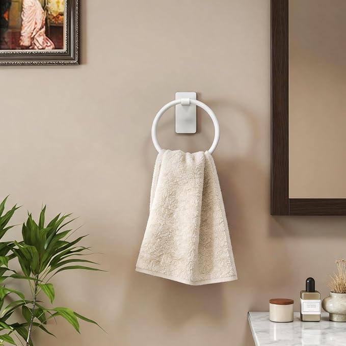 STWWO Adhesive Towel Ring, Hand Towel Holder for Bathroom, Adhesive Round Towel Ring for Bath RV, White