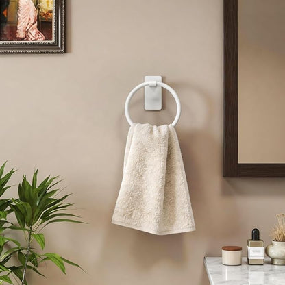 STWWO Adhesive Towel Ring, Hand Towel Holder for Bathroom, Adhesive Round Towel Ring for Bath RV, White