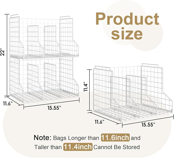 Sonyabecca Purse Storage Organizer for Closet : Adjustable 2-Pack Dividers Handbag Organizer - Stackable Wire Handbags Storage Baskets -Open Cabinets Wallets Tote Chain Bags Clutches -White
