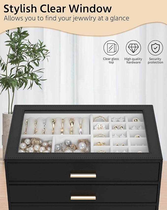 AKOZLIN Jewelry Box with Clear Lid Functional Leather Jewelry Storage Organizer Case 3 Drawers for Women Girls Necklace Ring Bracelet Earring