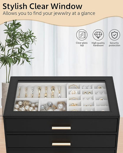 AKOZLIN Jewelry Box with Clear Lid Functional Leather Jewelry Storage Organizer Case 3 Drawers for Women Girls Necklace Ring Bracelet Earring