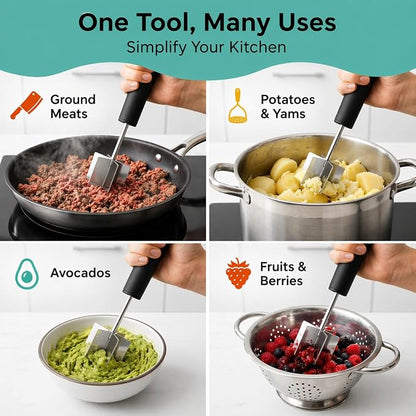 2pc Large Stainless Steel Meat Chopper, Masher & Cocktail Muddler | Dishwasher Safe | 6-Blade Chopper Tool | Oversized Ergonomic Handle | Heat Resistant Grip | 2 x 10" black