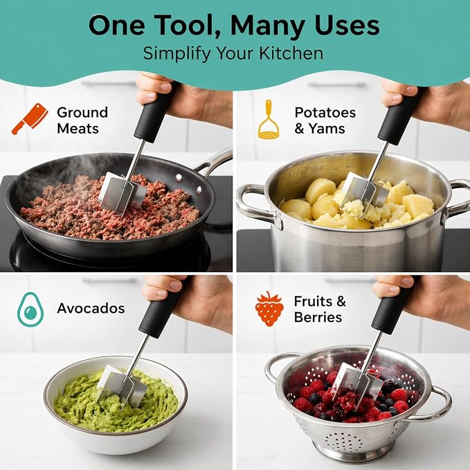 Large Stainless Steel Meat Chopper & Masher | Dishwasher Safe | 6-Blade Ground Beef Chopper Tool | Hamburger Smasher | Oversized Ergonomic Handle | Heat Resistant Grip - 10" (Black 10")