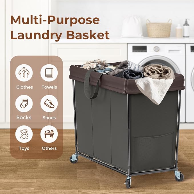 Mefirt 320L Laundry Hamper with Wheels, 3 Section Large Rolling Laundry Basket Bag with Wheels, Clothes Hamper Cart for Laundry, Bedroom, Bathroom and Dorm