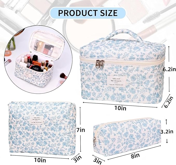 3PCS Makeup Bag,Quilted Cosmetic Bag,Large Floral Makeup Bag for Women,Cute Cotton Cosmetic Bag Set,Travel Toiletry Bag For Women(White blue)
