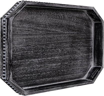 CedarLux Decorative Coffee Table Serving Tray, Long Octagonal Black Wood Tray with Wooden Bead, Farmhouse Big for Ottoman Table, Countertop, Home Decor, 16.5"x13"x1.6" (Retro Black)