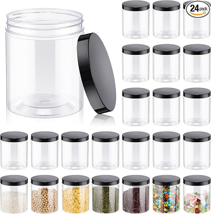 Irenare 24 Pcs 16 oz Plastic Jars with Lids Clear Plastic Containers Wide Mouth Food Mason Jars Airtight Storage Containers for Cake, Dried Fruit, Honey, Nuts, Carft, Scrub Cream(Black Lids)