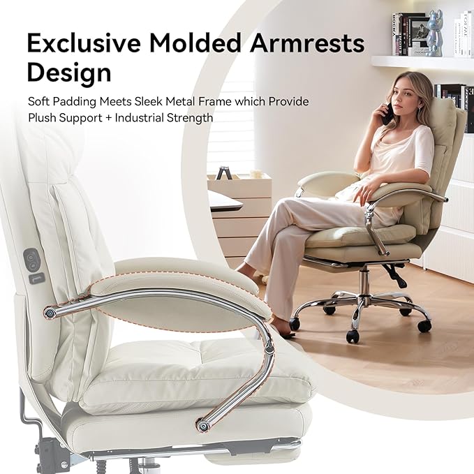 LEAGOO Heated Massage Office Chair with Foot Rest, Reclining Ergonomic Executive Office Chair with Massager for Lower Back, High Back PU Leather Comfy Heated Computer Desk Chair with Wheels, White