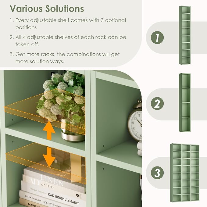 FOTOSOK 2 Pcs 71'' Tall Narrow Bookshelf, 8-Tier Media Tower Rack Set of 2, CD DVD Storage Cabinet with Adjustable Shelves, Tall Narrow Bookcase Skinny Display Bookshelf Slim Shelf, Green
