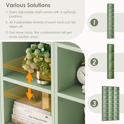 FOTOSOK 2 Pcs 71'' Tall Narrow Bookshelf, 8-Tier Media Tower Rack Set of 2, CD DVD Storage Cabinet with Adjustable Shelves, Tall Narrow Bookcase Skinny Display Bookshelf Slim Shelf, Green