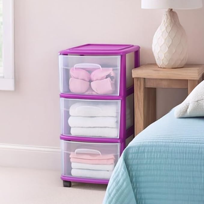 HOMZ 3-Drawer Storage Cart, Plastic Home and Office Organizer, Purple Frame