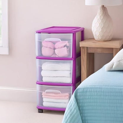 HOMZ 3-Drawer Storage Cart, Plastic Home and Office Organizer, Purple Frame