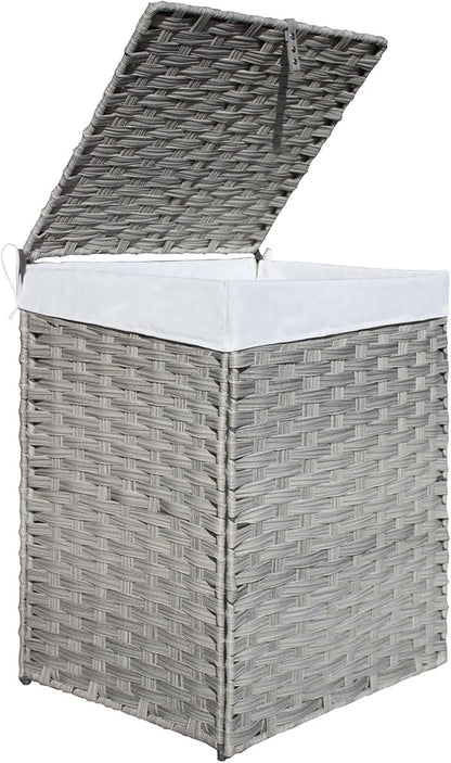 Woven Laundry Hamper with Lid,34 Gal(130 L) Rattan Wicker Laundry Basket 2 Sections with Lid, Removable Machine Washable Line, Large Clothes Hamper with Handles for Bathroom Bedroom, Gray