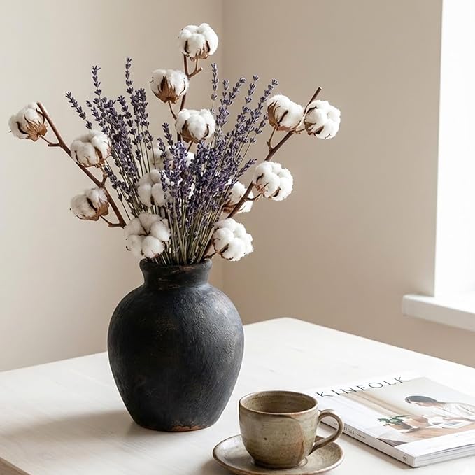NEBRYX Ceramic Vase, 6 inch Minimalist Rustic Farmhouse Terracotta Vase for Home Decor, Table, Living Room, Entryway, Shelf, Mantel Decoration (Black)