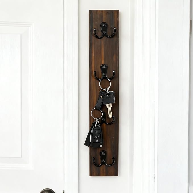 Small Vertical Key Holder for Wall Mounted Vertical Wooden Key Rack Organizer with Hooks for Home and Garage Entrances, Space-Saving Storage for Keys