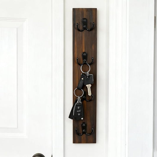 Small Vertical Key Holder for Wall Mounted Vertical Wooden Key Rack Organizer with Hooks for Home and Garage Entrances, Space-Saving Storage for Keys