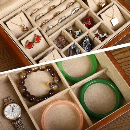 Wooden Jewelry Box with Lock,Double Layer Solid Walnut Wood Jewelry Organizer With Key Velvet Lining for Earrings Rings Necklaces Bracelets Cufflink Pendants Gift Idea Men Women
