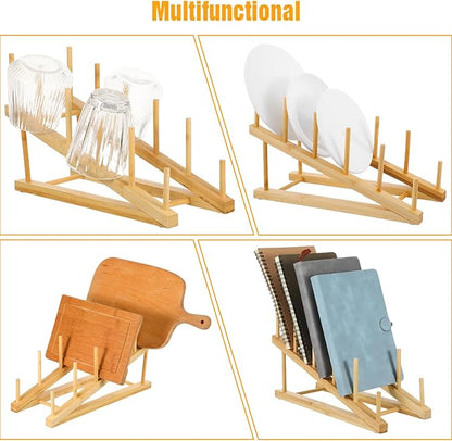 4 Pcs Wooden Dish Drying Rack, Bamboo Plate Dish Rack Stand for Kitchen Cabinet, Cabinet Cutting Board Display Stand for Dishes Plate Bowl Water Bottles Cup Pot Lid Cutting Board