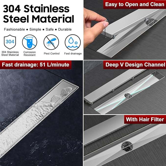 DLONE Linear Shower Drain | 18" AISI 304 Stainless Steel Shower Drain, Brushed Nickel Linear Drain with Tile Insert Panel & Adjustable Feet, Long Rectangle Shower Floor Drain in Bathroom, Balcony etc